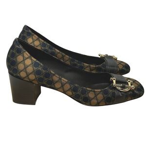 Tory Burch Patterned Slip On Round Toe Gold Buckle Detail Block Heels- Size 7.5M